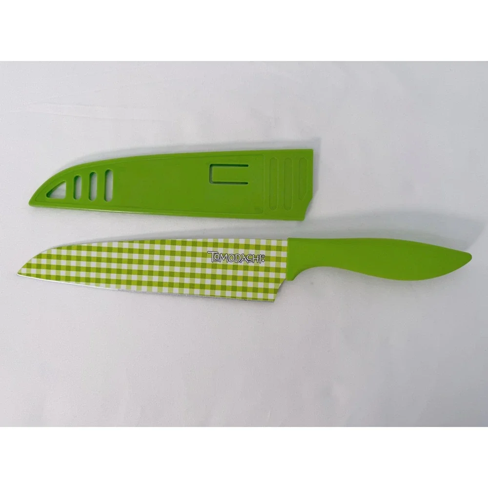 Tomodachi Green Gingham Checkered Chef Knife with Blade Guard Cover 7